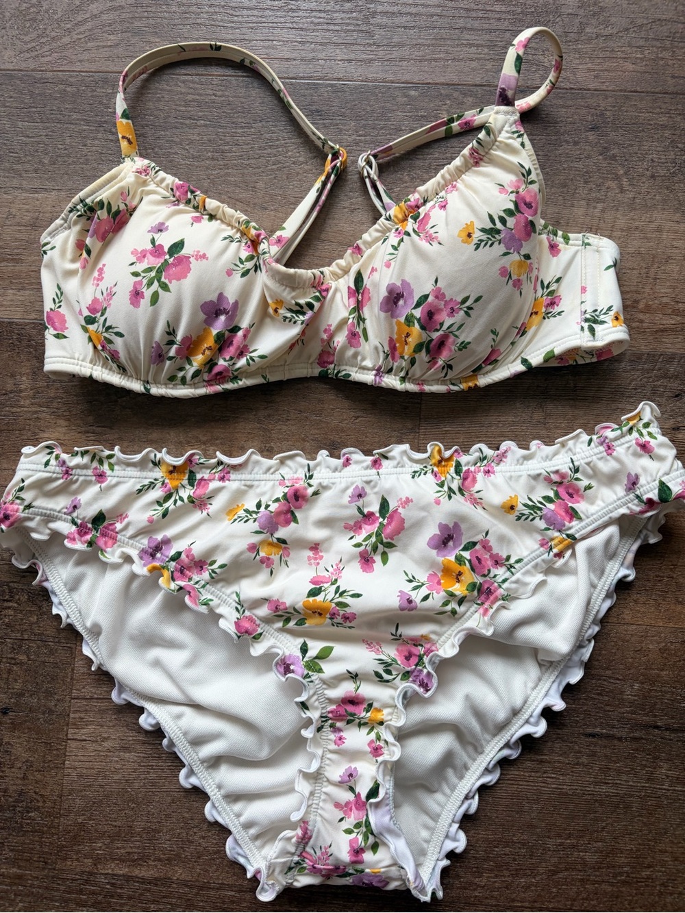 Shade & Shore Cream Ruffle Bikini Bottoms with Subtle Floral Trim